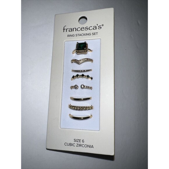 Francescas Stackable Gold Ring Set Womens Sz 6 Cubic Zirconia Emerald Green New - Picture 1 of 3